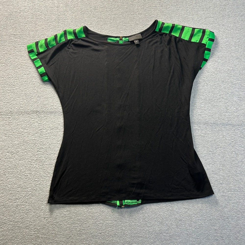 Worthington Dolman Sleeve Blouse Womens Black Green Striped Medium Back Zip Top